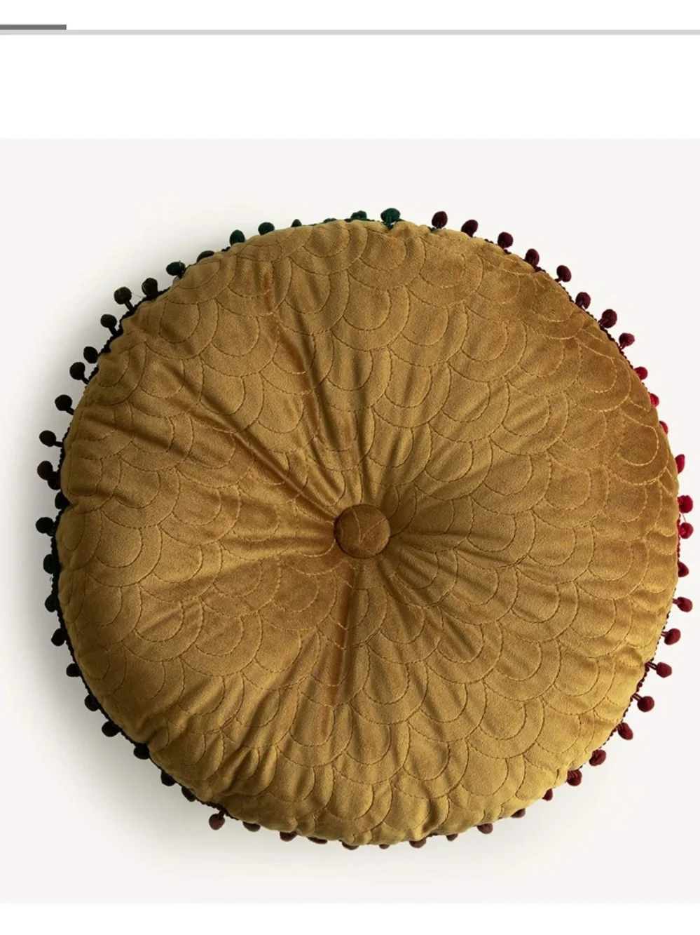 Gold Velvet Tufted Chair Cushion with Orange Pom Pom Trim